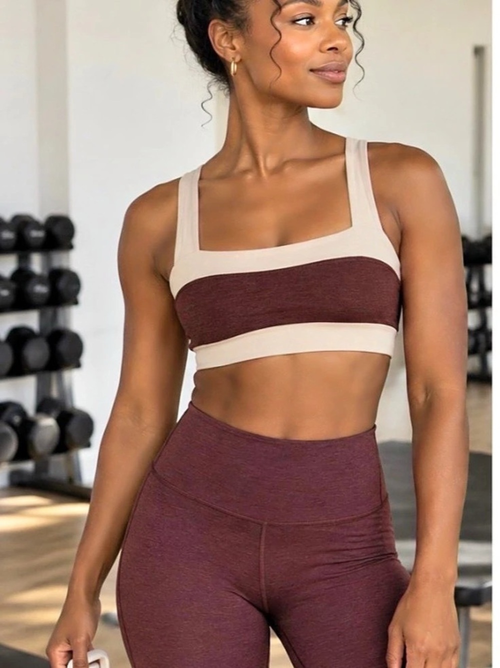 Beyond Yoga Spacedye Horizon Colorblock Sports Bra Brown & Cream Small